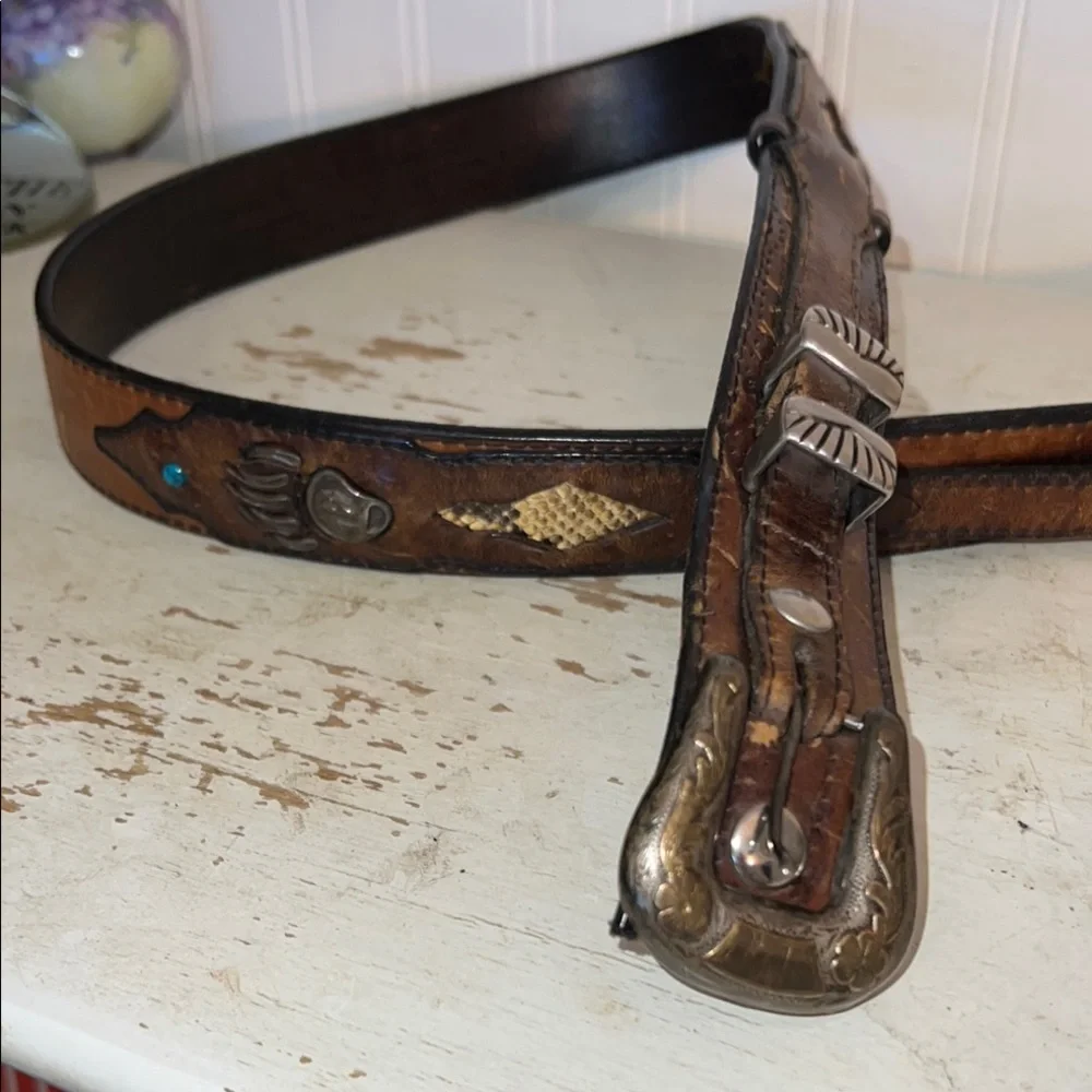 OOAK Sterling Silver & 10k turquoise python hibco buckle Southwick leather belt